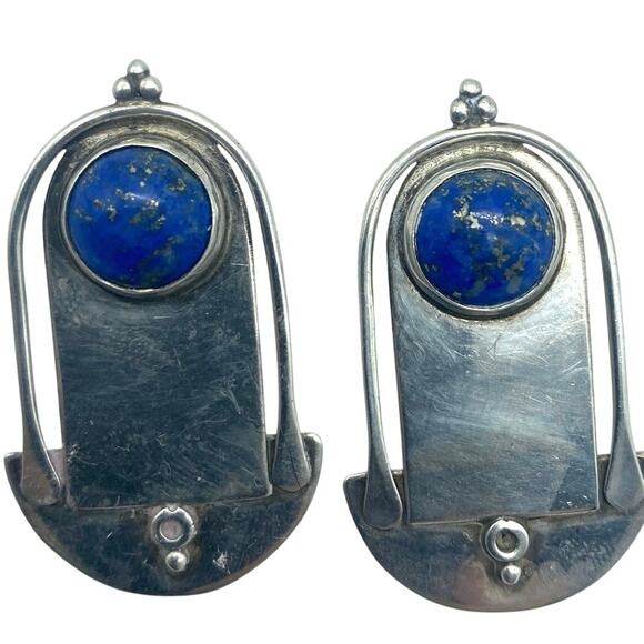 Modernist Sterling‎ and Lapis Lazuli Katherine Palmer pierced Earrings signed - Picture 3 of 7